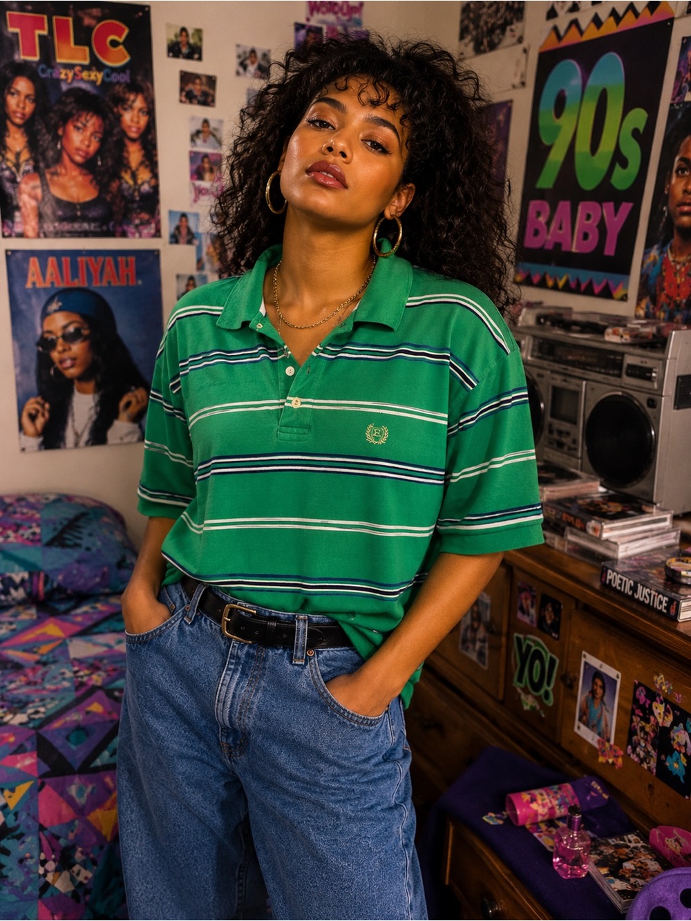 90s Chaps Ralph Lauren Green Striped Polo Shirt Preppy